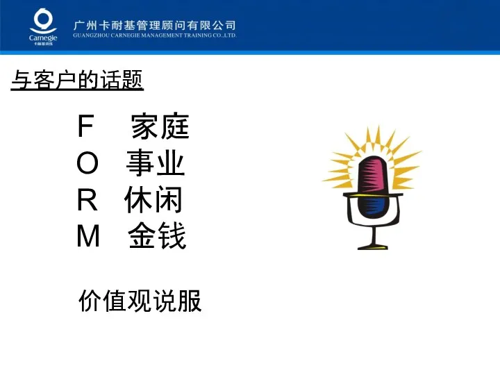 与客户的话题 F 家庭 O 事业 R 休闲 M 金钱 价值观说服