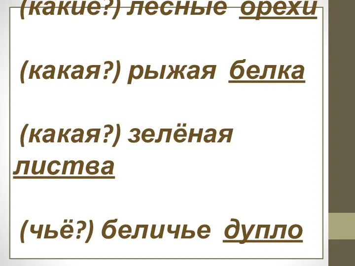 (какие?) лесные орехи (какая?) рыжая белка (какая?) зелёная листва (чьё?) беличье дупло