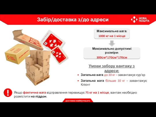 Забір/доставка з/до адреси Максимальна вага: 1000 кг на 1 місце Загальна вага