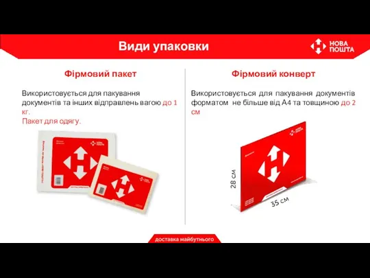 Фірмовий пакет Використовується для пакування документів та інших відправлень вагою до 1