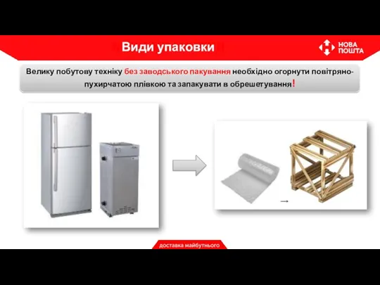 Велику побутову техніку без заводського пакування необхідно огорнути повітряно-пухирчатою плівкою та запакувати