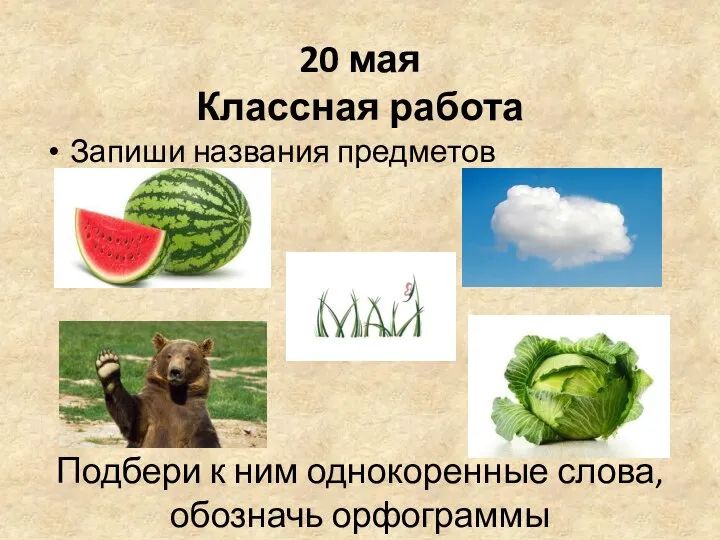 20 мая Классная работа Запиши названия предметов Подбери к ним однокоренные слова, обозначь орфограммы