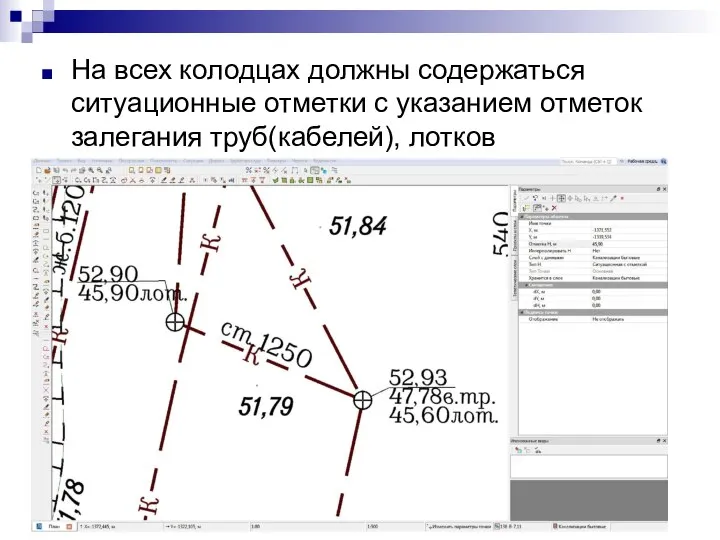 На всех колодцах должны содержаться ситуационные отметки с указанием отметок залегания труб(кабелей), лотков