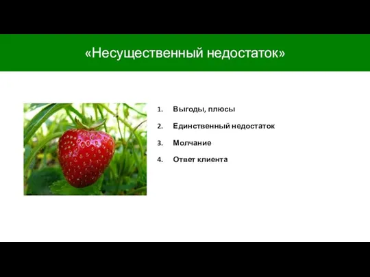 Выгоды, плюсы Единственный недостаток Молчание Ответ клиента «Несущественный недостаток»