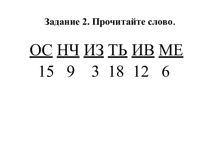 Задание 2. Прочитайте слово. ОС НЧ ИЗ ТЬ ИВ МЕ 15 9 3 18 12 6