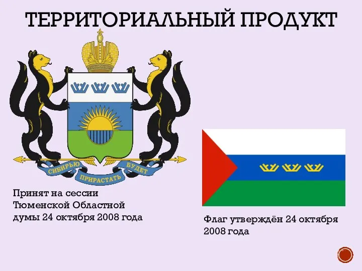 ТЕРРИТОРИАЛЬНЫЙ ПРОДУКТ Флаг утверждён 24 октября 2008 года Принят на сессии Тюменской