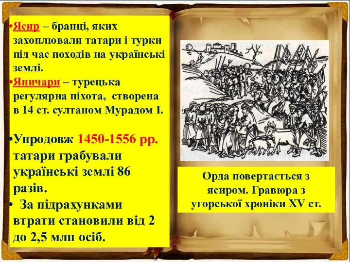 Орда повертається з ясиром. Гравюра з угорської хроніки XV ст. Ясир –