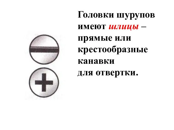 Головки шурупов имеют шлицы – прямые или крестообразные канавки для отвертки.