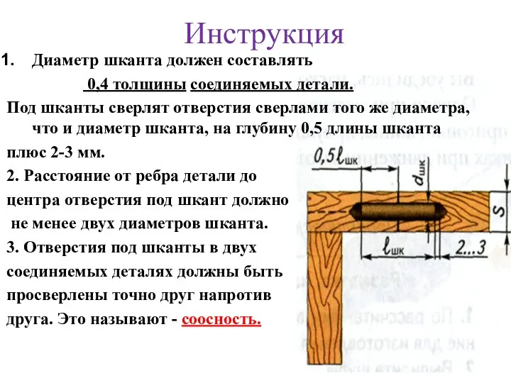 Инструкция Диаметр шканта должен составлять 0,4 толщины соединяемых детали. Под шканты сверлят