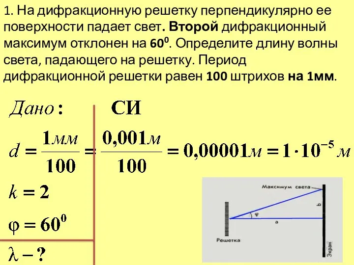 1. На дифракционную решетку перпендикулярно ее поверхности падает свет. Второй дифракционный максимум