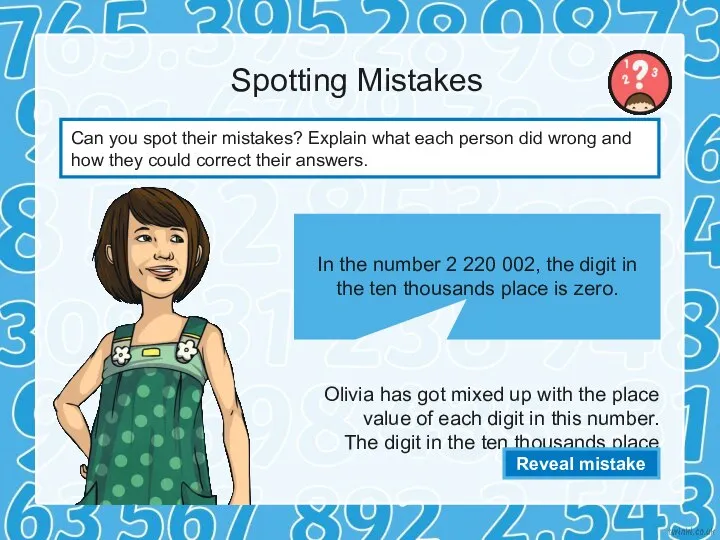 Spotting Mistakes Olivia has got mixed up with the place value of