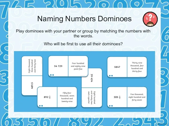 Naming Numbers Dominoes Play dominoes with your partner or group by matching