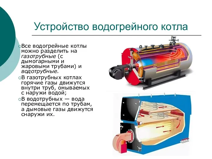 Устройство водогрейного котла Все водогрейные котлы можно разделить на газотрубные (с дымогарными