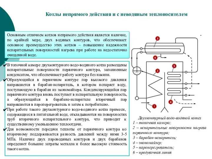 Котлы непрямого действия и с неводяным теплоносителем Двухконтурный водо-водяной котел 1 –