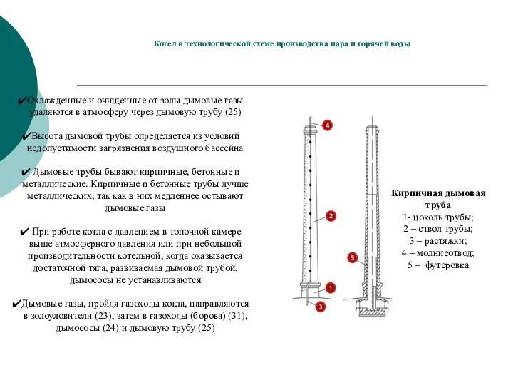 Котел в технологической схеме производства пара и горячей воды Кирпичная дымовая труба