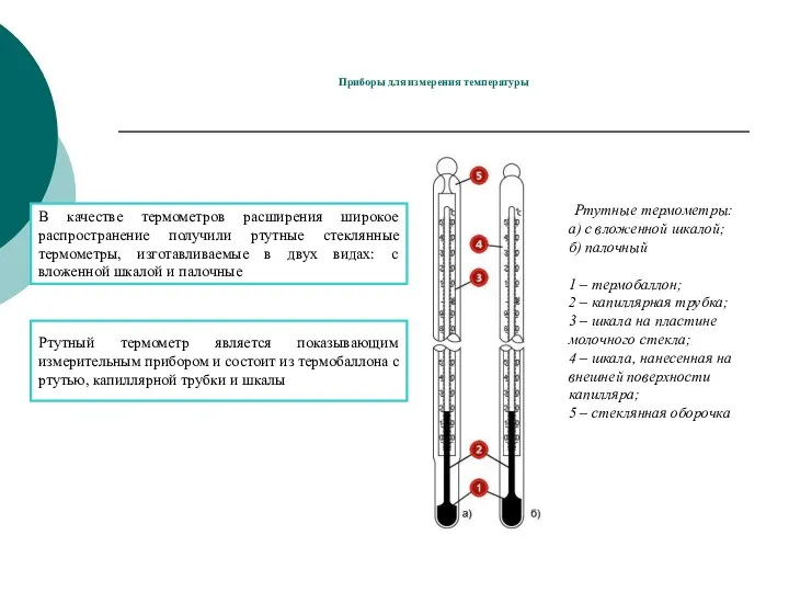 Приборы для измерения температуры Ртутные термометры: а) с вложенной шкалой; б) палочный