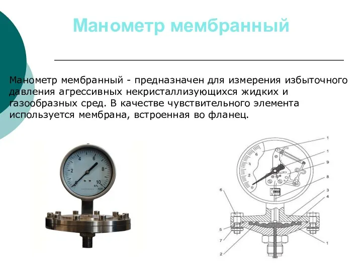 Манометр мембранный Манометр мембранный - предназначен для измерения избыточного давления агрессивных некристаллизующихся