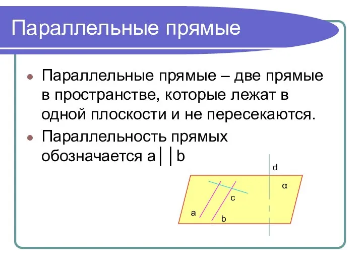 Параллельные прямые Параллельные прямые – две прямые в пространстве, которые лежат в