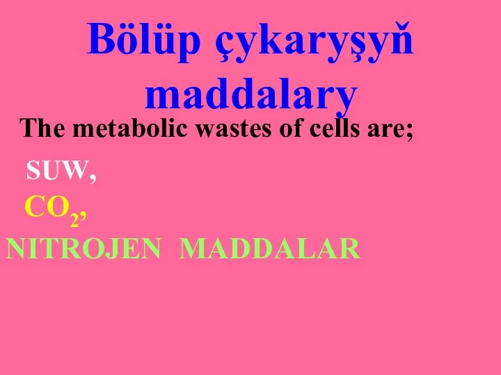 Bölüp çykaryşyň maddalary The metabolic wastes of cells are; SUW, CO2, NITROJEN MADDALAR