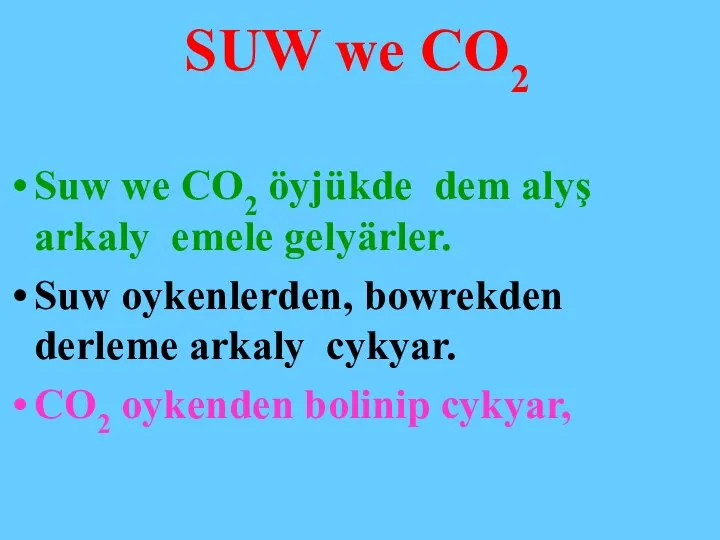 SUW we CO2 Suw we CO2 öyjükde dem alyş arkaly emele gelyärler.