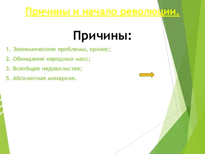 Причины и начало революции. Причины: 1. Экономические проблемы, кризис; 2. Обнищание народных