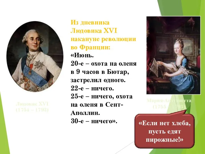 Из дневника Людовика XVI накануне революции во Франции: «Июнь. 20-е – охота