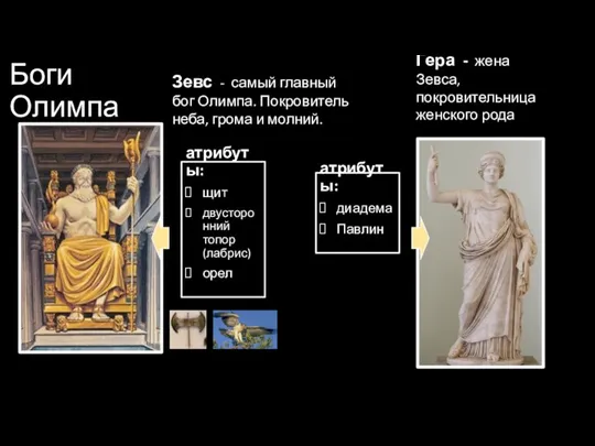 Боги Олимпа Гера - жена Зевса, покровительница женского рода Зевс - самый