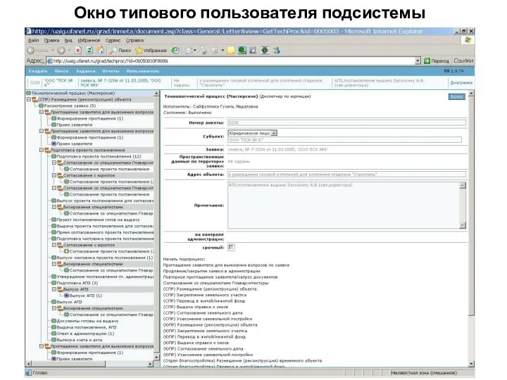 Окно типового пользователя подсистемы градорегулирования