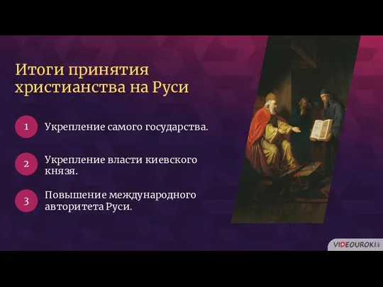 Итоги принятия христианства на Руси Укрепление самого государства. 1 2 3 Укрепление