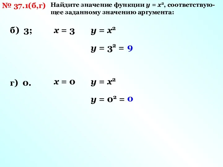 № 37.1(б,г) Найдите значение функции y = x2, соответствую-щее заданному значению аргумента: