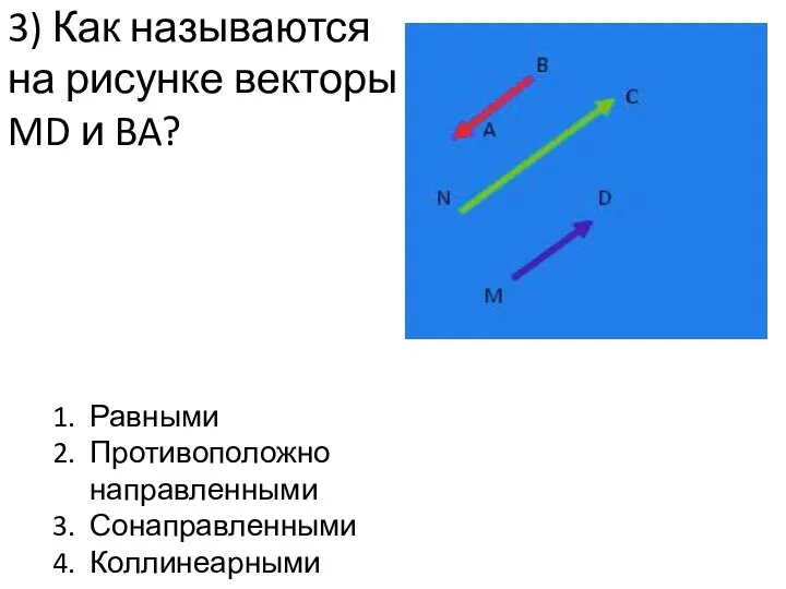 3) Как называются на рисунке векторы MD и BA? Равными Противоположно направленными Сонаправленными Коллинеарными