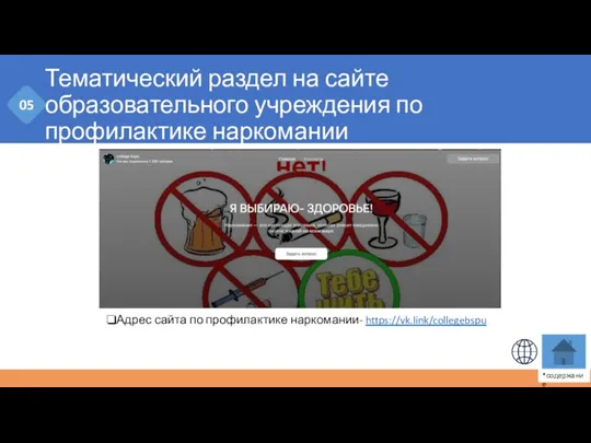 Тематический раздел на сайте образовательного учреждения по профилактике наркомании 05 Адрес сайта