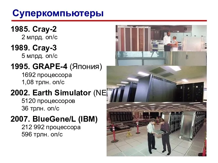 1985. Cray-2 2 млрд. оп/c 1989. Cray-3 5 млрд. оп/c 1995. GRAPE-4