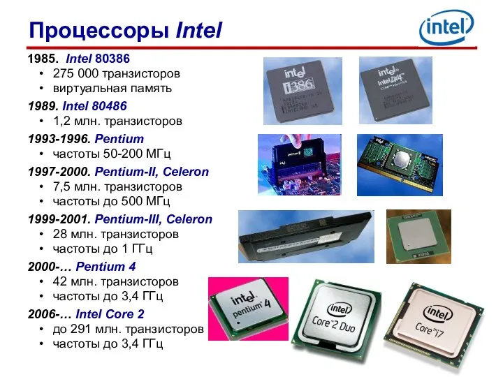 1985. Intel 80386 275 000 транзисторов виртуальная память 1989. Intel 80486 1,2