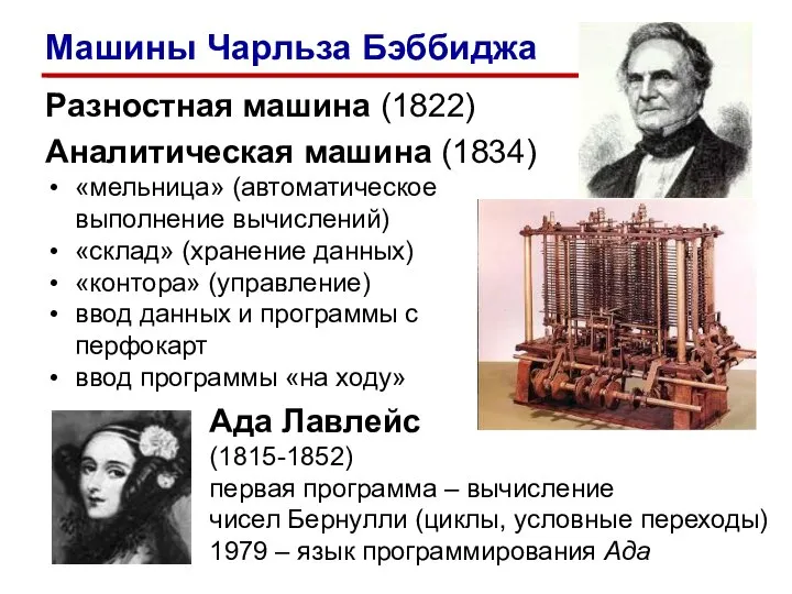 Разностная машина (1822) Аналитическая машина (1834) «мельница» (автоматическое выполнение вычислений) «склад» (хранение