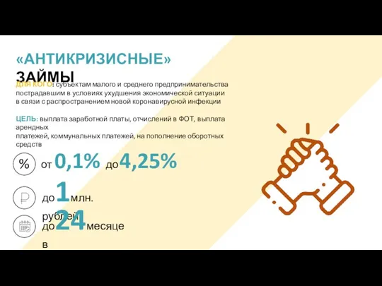 «АНТИКРИЗИСНЫЕ» ЗАЙМЫ ДЛЯ КОГО: субъектам малого и среднего предпринимательства пострадавшим в условиях