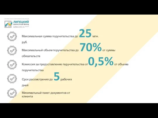 Максимальная сумма поручительства до 25 млн. руб. Максимальный объем поручительства до 70%