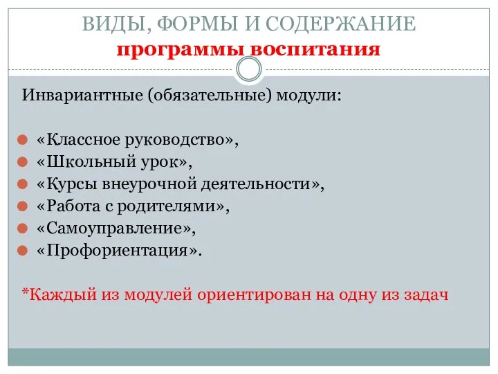 ВИДЫ, ФОРМЫ И СОДЕРЖАНИЕ программы воспитания Инвариантные (обязательные) модули: «Классное руководство», «Школьный