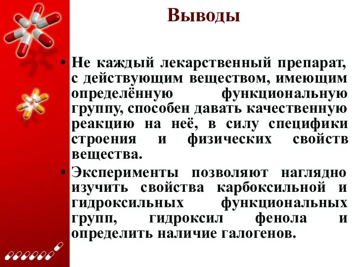 Выводы Не каждый лекарственный препарат, с действующим веществом, имеющим определённую функциональную группу,