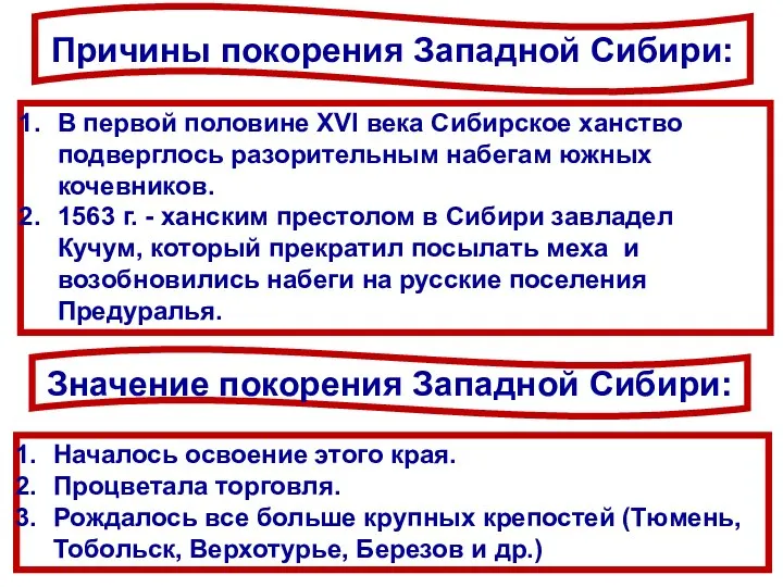 Значение покорения Западной Сибири: Причины покорения Западной Сибири: Началось освоение этого края.