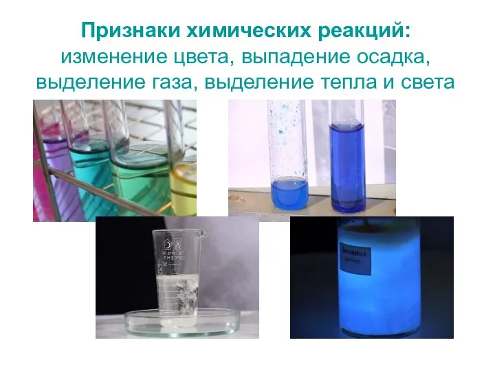 Признаки химических реакций: изменение цвета, выпадение осадка, выделение газа, выделение тепла и света