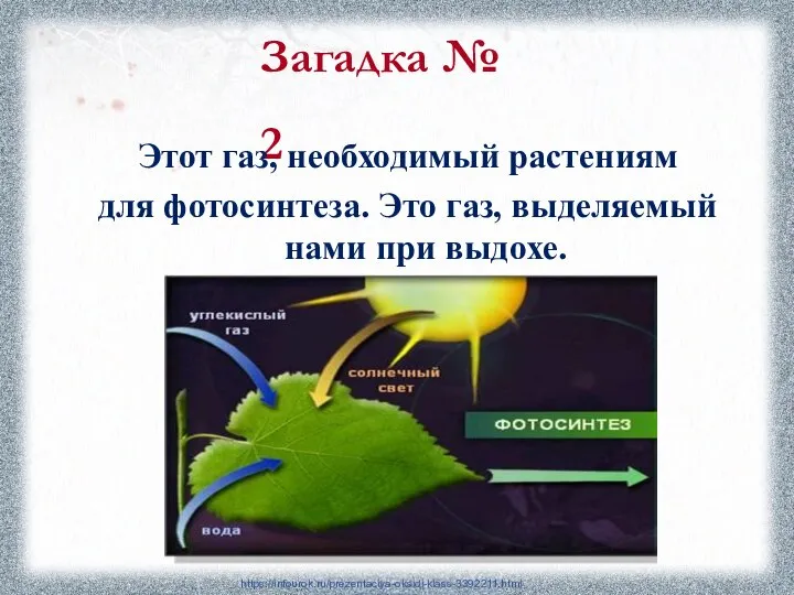 Загадка № 2 Этот газ, необходимый растениям для фотосинтеза. Это газ, выделяемый нами при выдохе. https://infourok.ru/prezentaciya-oksidi-klass-3392211.html