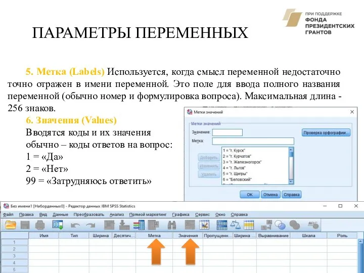 ПАРАМЕТРЫ ПЕРЕМЕННЫХ 5. Метка (Labels) Используется, когда смысл переменной недостаточно точно отражен