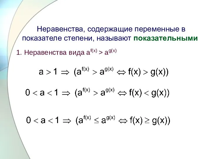 Неравенства, содержащие переменные в показателе степени, называют показательными 1. Неравенства вида аf(x) > аg(x)