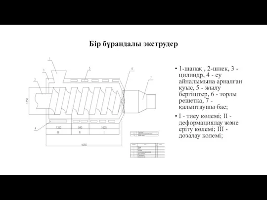 Бір бұрандалы экструдер 1-шанақ , 2-шнек, 3 - цилиндр, 4 - су