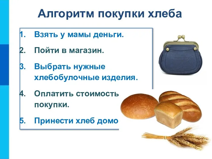 Алгоритм покупки хлеба Взять у мамы деньги. Пойти в магазин. Выбрать нужные