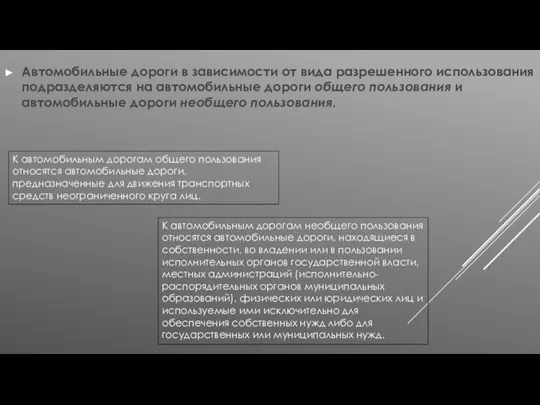 Автомобильные дороги в зависимости от вида разрешенного использования подразделяются на автомобильные дороги