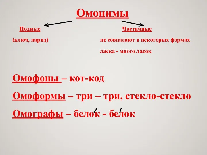 Омонимы Полные Частичные (ключ, наряд) не совпадают в некоторых формах ласка -