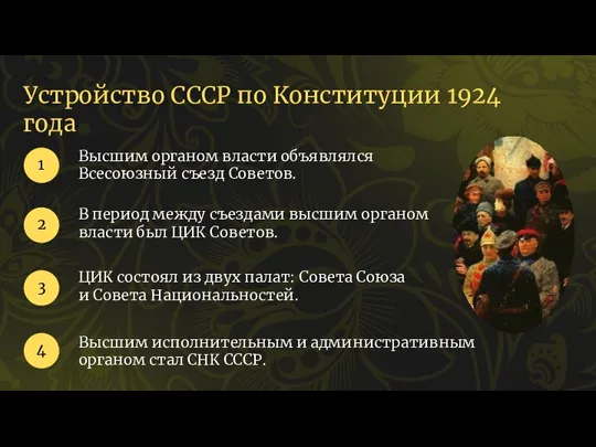 Устройство СССР по Конституции 1924 года Высшим органом власти объявлялся Всесоюзный съезд