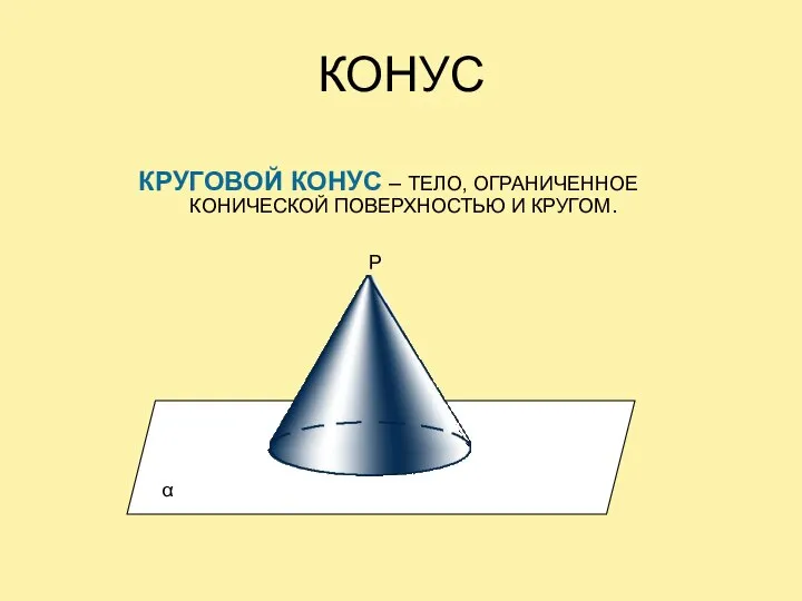 КОНУС КРУГОВОЙ КОНУС – ТЕЛО, ОГРАНИЧЕННОЕ КОНИЧЕСКОЙ ПОВЕРХНОСТЬЮ И КРУГОМ. α О r Р